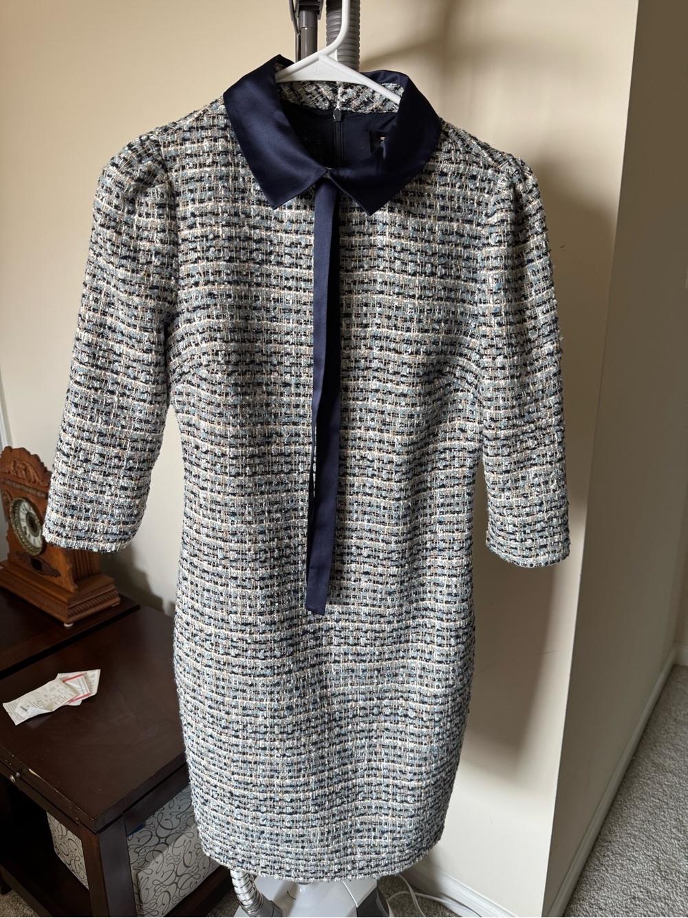 Tweed Shift Dress with Navy Satin Collar